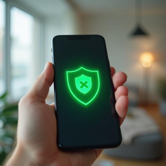 Smartphone mit Security-App, grünes Icon leuchtet